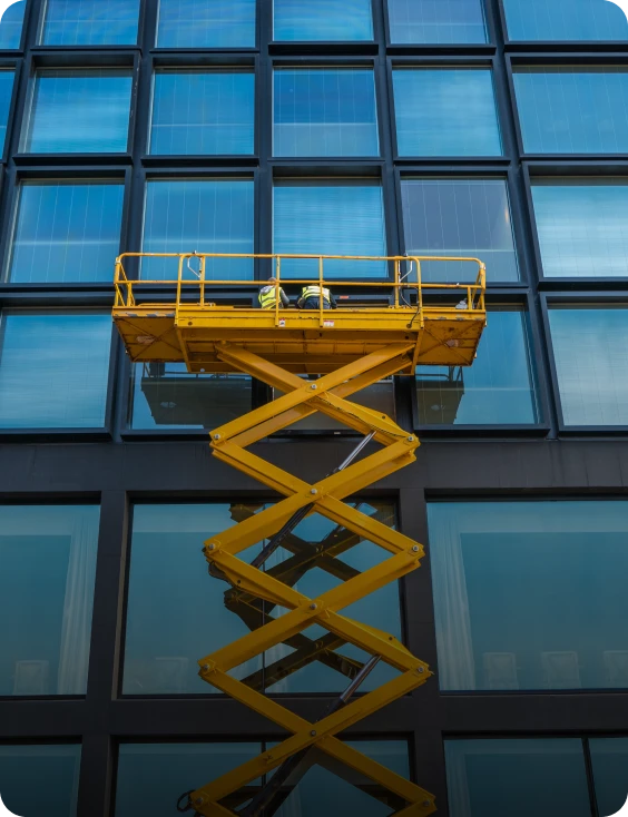 Workers Scissor Lift Cleaning Windows Financial Building Downtown 1